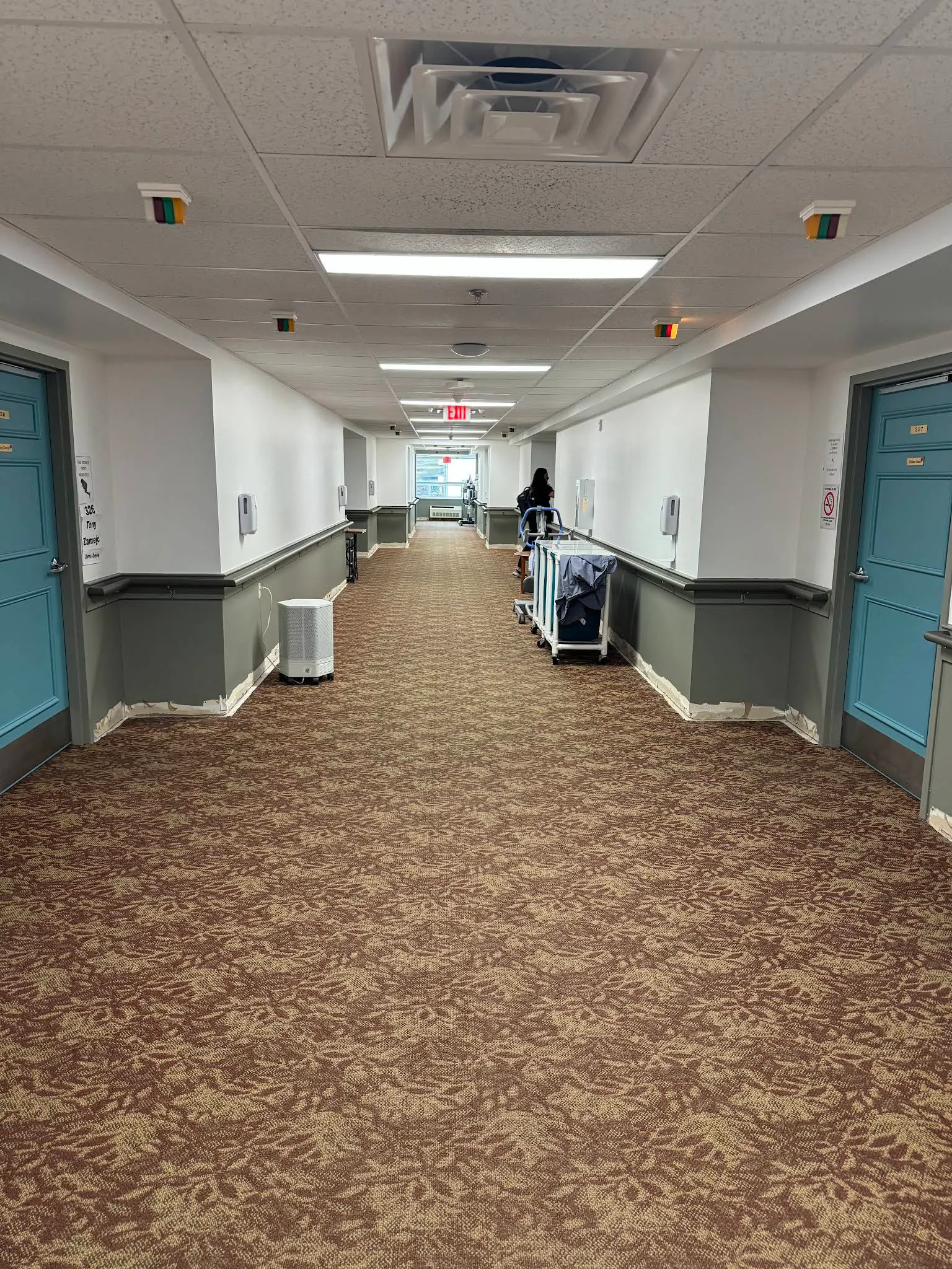 Long commercial-style corridor with refreshed walls and doors