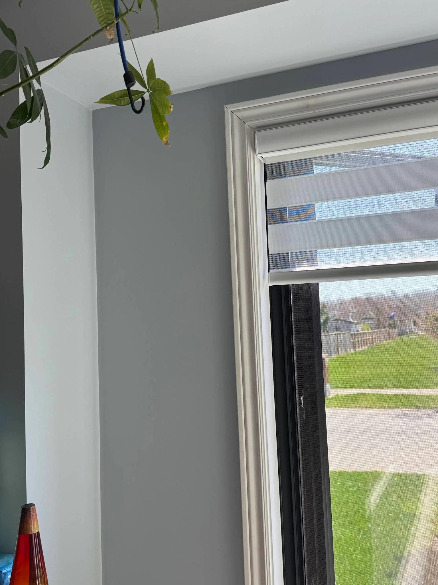 Bright window wall finished in a soft green-grey paint colour